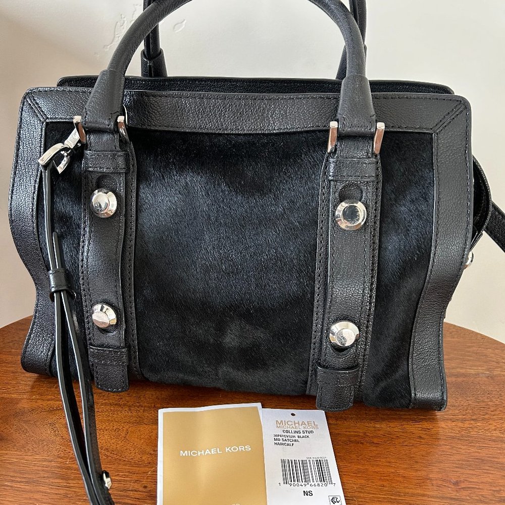 Michael Kors Collins Silver Stud Black Medium Satchel w/ Calf Hair Front